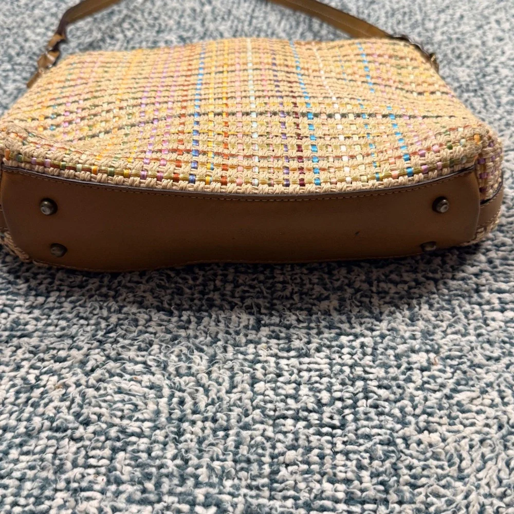 Fossil Multi-Color Woven Straw Leather Trim Shoulder Bag Tan Plaid Handbag